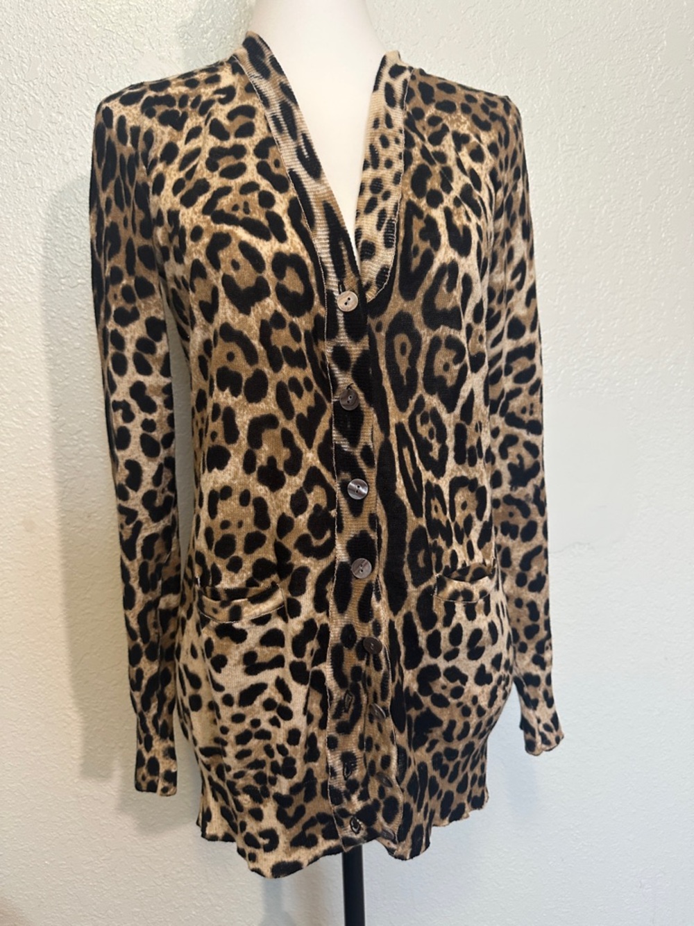 Ellison Leopard-Pattern Knit Cardigan in Tan and Black